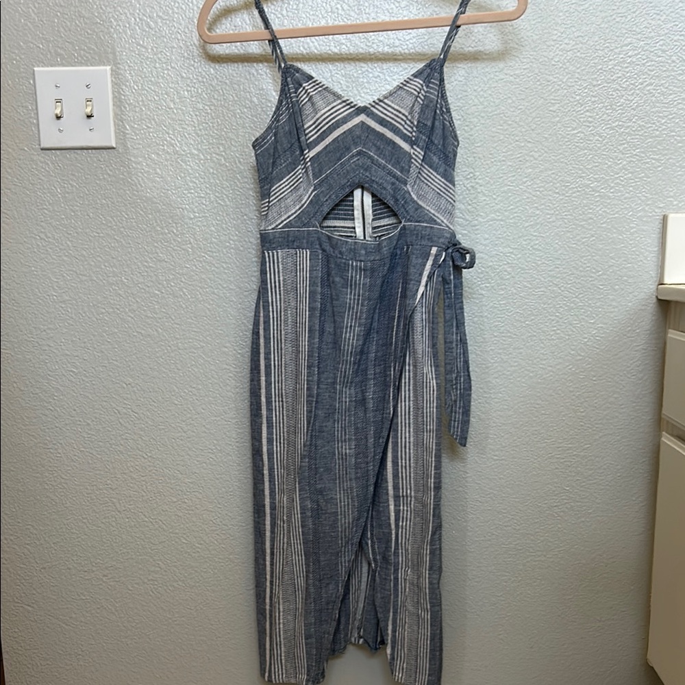 Striped Blue & White Linen Midi Dress with Waist Tie